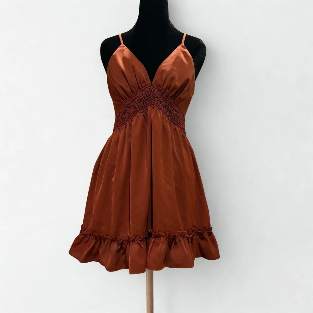 Cider Hollow Out Mini Dress Size Small Baby Doll Ruffle Burnt Orange - Picture 2 of 5